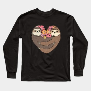 Sloths hugs, lovers couple cute, pink  flowers Long Sleeve T-Shirt